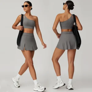 Yoga Skirt Set Women Workout Sport Suits Gym Wear High Wais Fitness Crop Top Female Tennis Sportswear One Shoulder Bra Female
