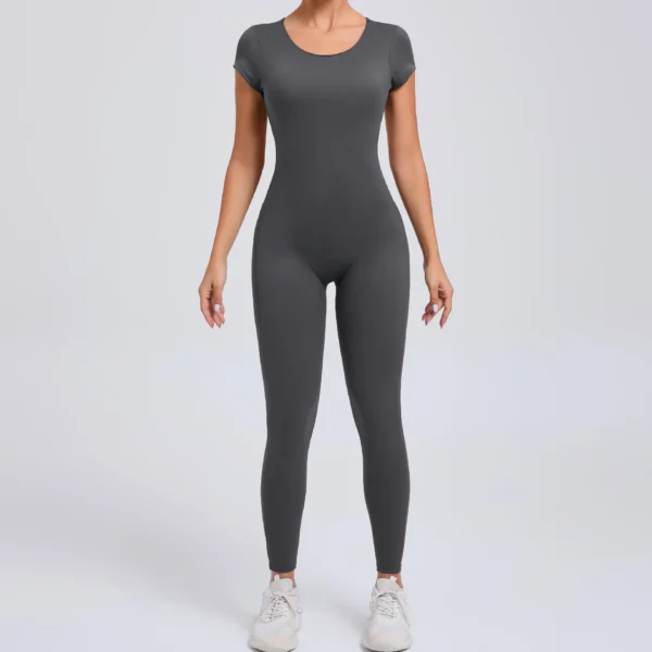 Women's One-piece Yoga Jumpsuit Short Sleeve Open Back Slim Fit Sports Outfit Tights Quick-drying Hip Lift Gym Fitness Clothes - Image 5