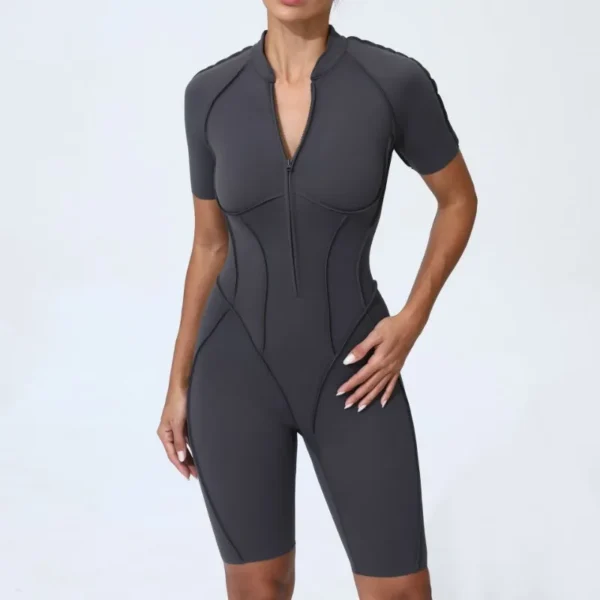 Zipper Short-sleeved Yoga Sports Fitness Jumpsuits Sets Without Chest Pad Tight Bodysuits Shorts Gym Workout Clothes for Women - Image 2