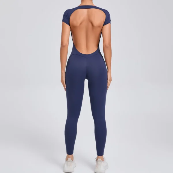 Women's One-piece Yoga Jumpsuit Short Sleeve Open Back Slim Fit Sports Outfit Tights Quick-drying Hip Lift Gym Fitness Clothes - Image 3