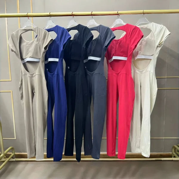 Women's One-piece Yoga Jumpsuit Short Sleeve Open Back Slim Fit Sports Outfit Tights Quick-drying Hip Lift Gym Fitness Clothes - Image 6