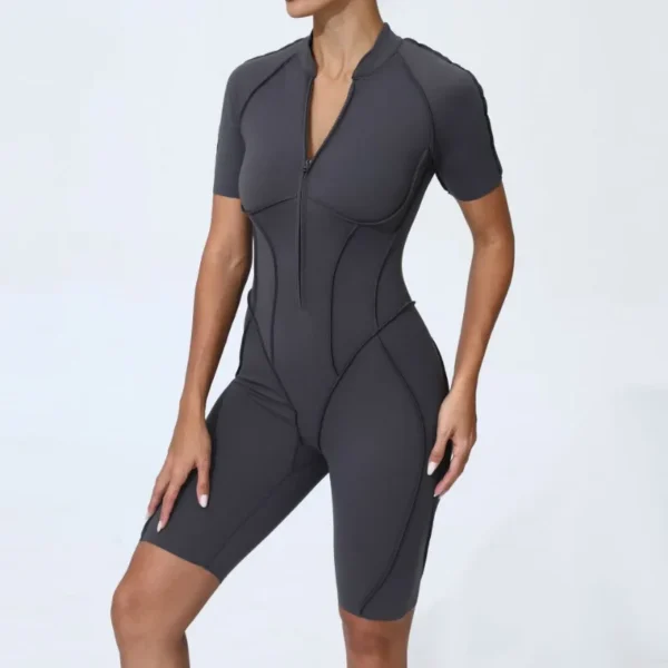 Zipper Short-sleeved Yoga Sports Fitness Jumpsuits Sets Without Chest Pad Tight Bodysuits Shorts Gym Workout Clothes for Women - Image 3