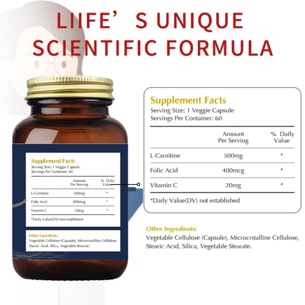 Liife L-Carnitine-500mg,60 capsules per bottle-supports sports nutrition and antioxidants,Highly Absorbable,Made in the USA - Image 2