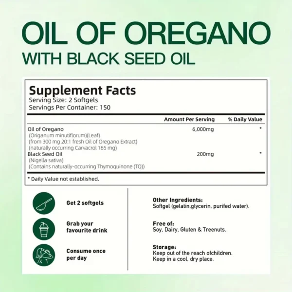 300 Capsules Oil Of Oregano with Black Seed Oil - Natural Antioxidants for Fitness Nutritional Support - Highly Effective - Image 2