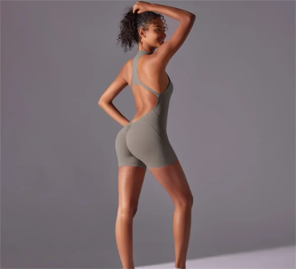Solid color high-intensity nude tight fitting sports back jumpsuit yoga suit tight fitting running fitness suit - Image 5
