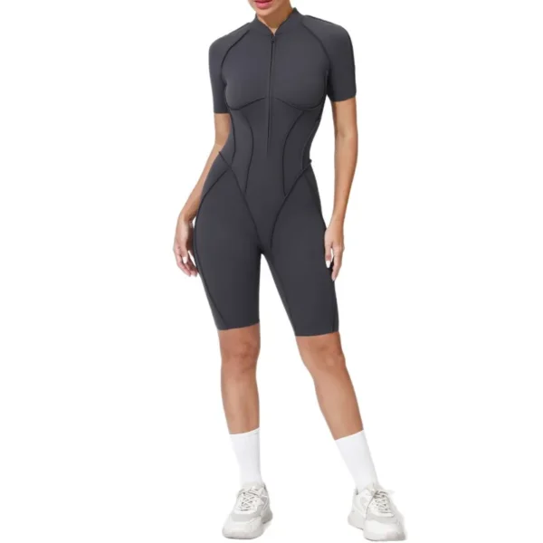 Zipper Short-sleeved Yoga Sports Fitness Jumpsuits Sets Without Chest Pad Tight Bodysuits Shorts Gym Workout Clothes for Women - Image 5