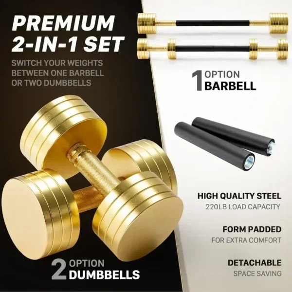 Upgraded Adjustable Steel Dumbbells 40LB / 60LB - 2 in 1 Dumbbell Barbell Set for Home Gym Workout - Compatible - Image 3